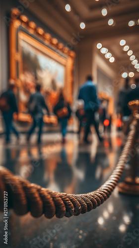 Golden rope barrier at a museum entrance with visitors admiring artwork in the background