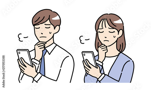 Canvas Print スマホを見てため息をつく若い男女の会社員のイラストセット