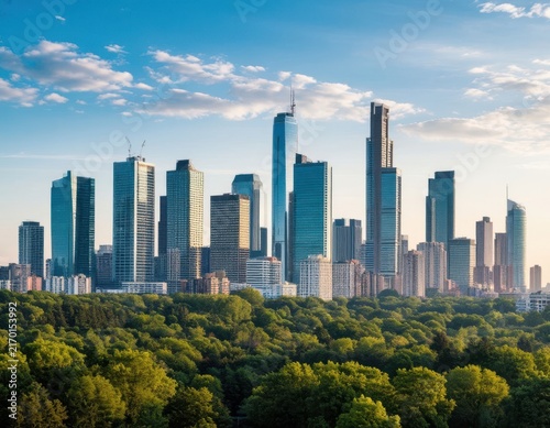 Modern skyline of a city with tall glass skyscrapers and lush green trees in the foreground under a clear blue sky during daylight hours