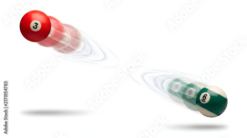 Red and Green Pool Balls in Motion on White Background