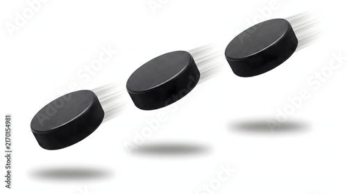 Three Black Hockey Pucks in Motion Against White Background