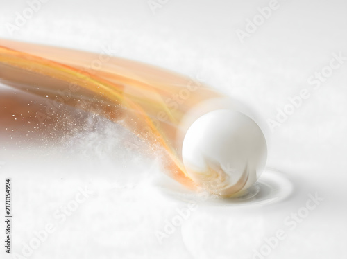 White Marble Ball Rolling on Reflective Surface with Colorful Light Trails