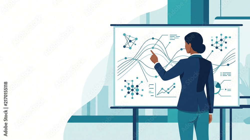 Obraz premium Businesswoman Analyzing Data Charts on Presentation Board