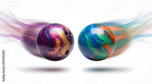 Two Colorful Bowling Balls in Motion with Smoke Trails