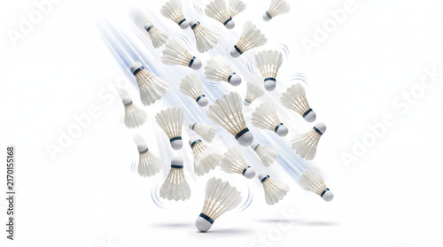 Shuttlecocks in Flight Across a White Background
