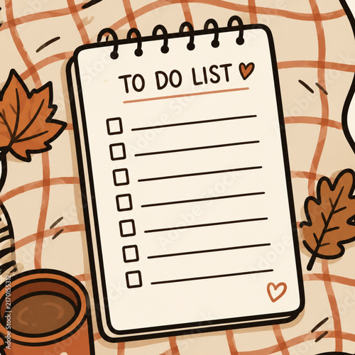Hand-drawn autumn to-do list planner featuring a simple checklist layout placed on a cozy plaid blanket with seasonal leaves and a warm drink. Functional stationery design for daily planning and organ