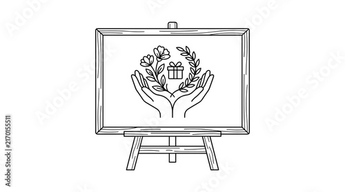 Wooden easel holding hand drawn illustration of hands and gift box