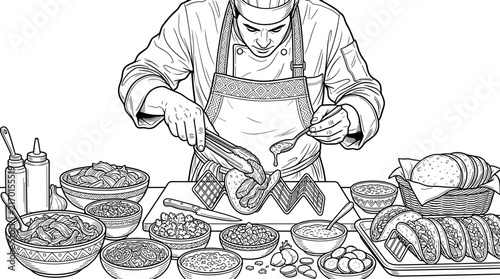 Chef preparing fresh tacos at a kitchen counter top view