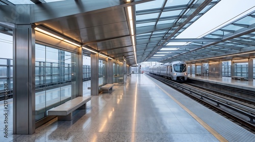 Obraz na płótnie Modern elevated train station platform with a sleek arriving commuter train.