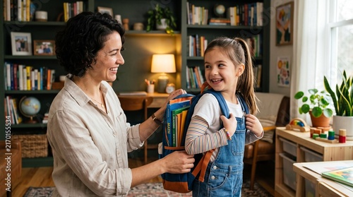 Commercial back-to-school stock photo of a loving mother helping her young daughter put on her backpack filled with school books at home.