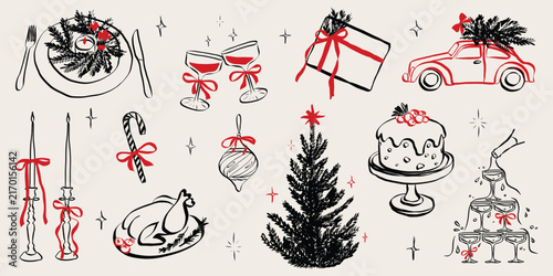Retro doodles of Christmas party. Vintage new year icons dinner meals in chalk and crayon drawing. Xmas party elements for poster and greeting cards. Handwriting holiday vector illustration