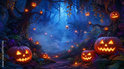 Magical Halloween Enchanted Forest with Glowing Jack o Lanterns and Spider
