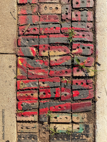 Fotografie Colorful bright red and gray painted bricks walkway inlay background