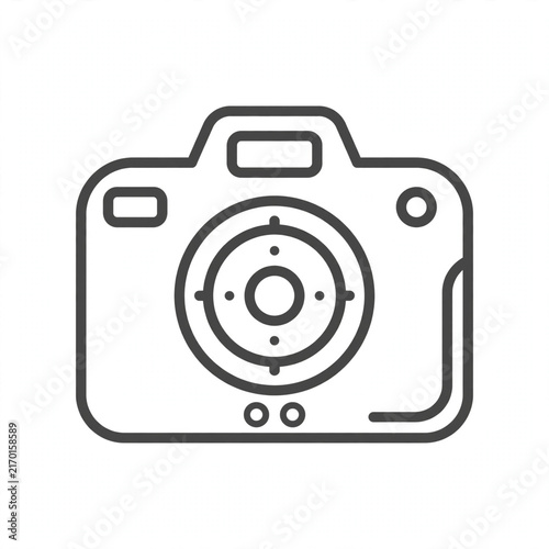 Photo camera icon with line art lens design for digital photography shutter technology app usage.