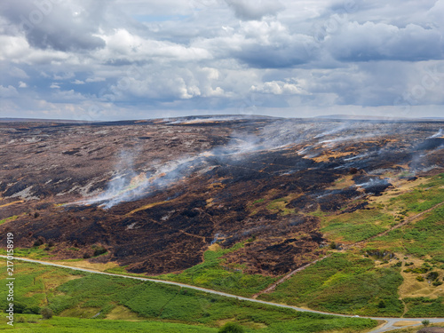 Foto High angle view over smoldering moorland fire damage, destroyed habitat presenti