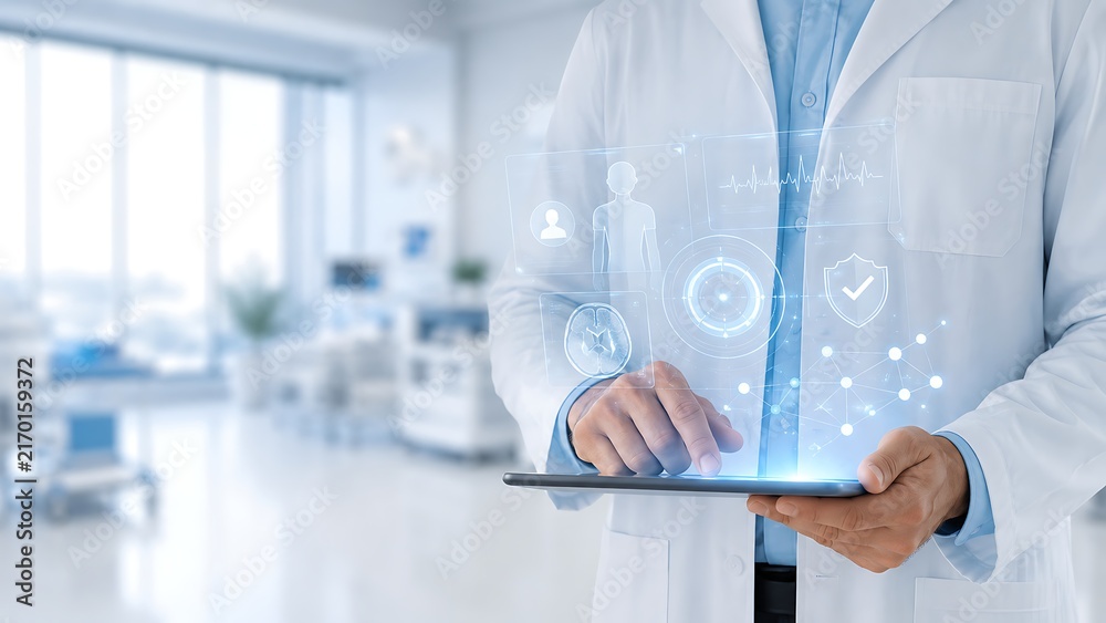 Fototapeta premium Doctor Analyzing Medical Patient Data on Digital Healthcare Tablet