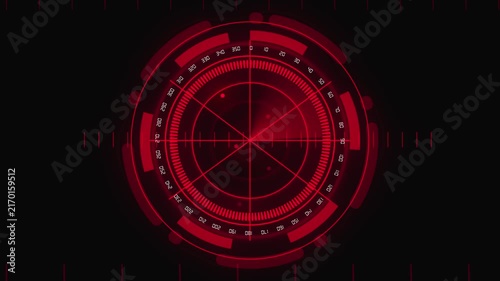 Futuristic Red Radar Screen Display with Circular Grids and Numerical Markings on a Dark Background