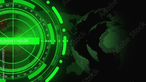 Green Digital Radar Screen Overlaying a Pixelated Earth Globe with Starry Background