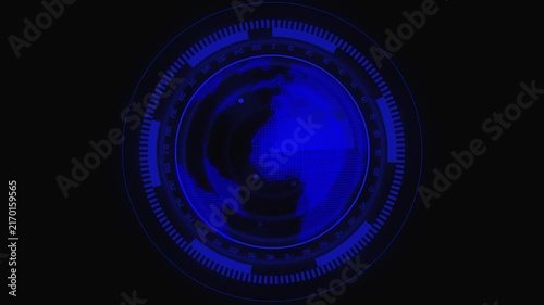 Futuristic Blue Digital Globe Radar Display with Circular Grids and Data earth technology