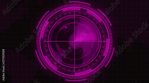 Pink Digital Globe Radar Display with Circular Grids and Data on a Dark Background