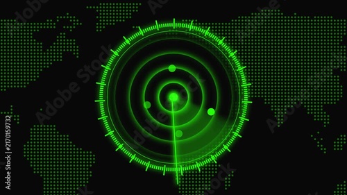 Green Radar Screen with World Map and Target Indicators on a Black Background display