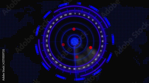 Futuristic Radar Screen Displaying World Map and Targets with Blue and Red Lights technology