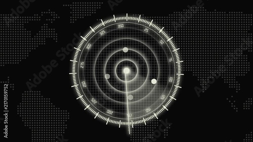 Monochrome Radar Display with World Map and Target Markers in a Circular Interface