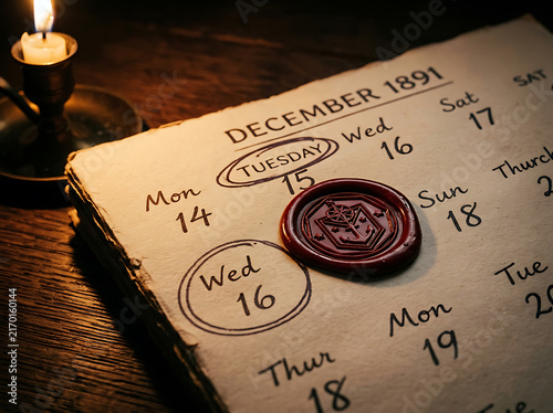 Vintage calendar page with red wax seal and candlelight for historical concept