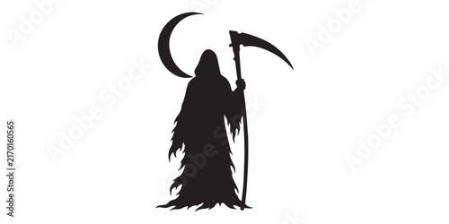 фотографія Grim Reaper holding a scythe in minimalist black silhouette vector style with circular moon frame, perfect for Halloween, gothic artwork, spooky decorations, Cricut SVG, and horror designs