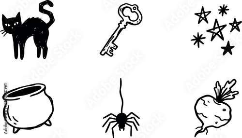 Naive with black cat ornate key stars cauldron spider and turnip halloween motifs