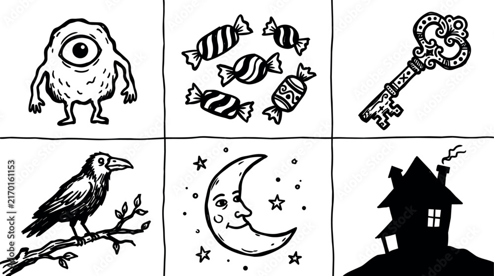 Naklejka premium Naive illustration set with monster candies ornate key crow crescent moon and haunted house