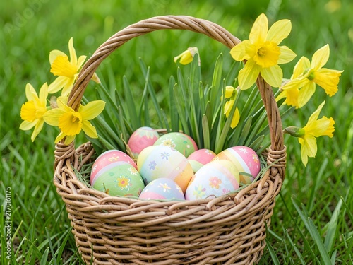 Colorful Easter eggs in wicker basket with daffodils on grass