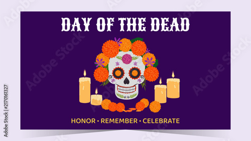 Dia de los Muertos Mexican poster flyer featuring colorful calavera skull cempasuchil flower, Catrina, festive ornament and traditional cultural symbol vector illustration.