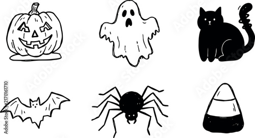 Halloween clip art collection with pumpkin ghost cat bat spider and candy corn naive illustration