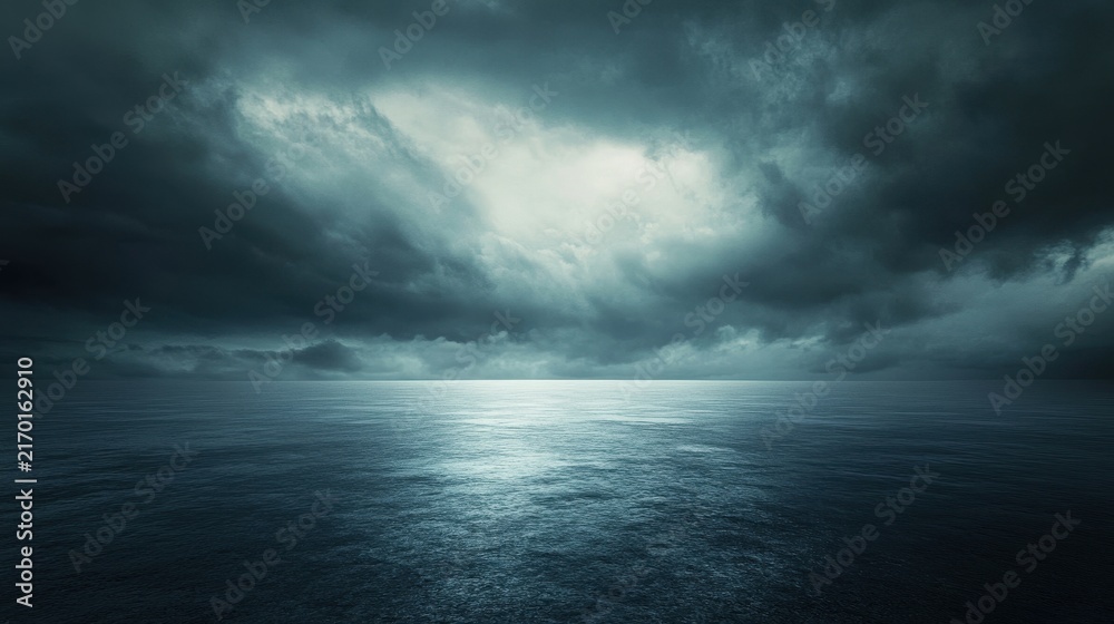 Fototapeta premium Dark and Stormy Sky Over Calm Ocean Water at Dusk