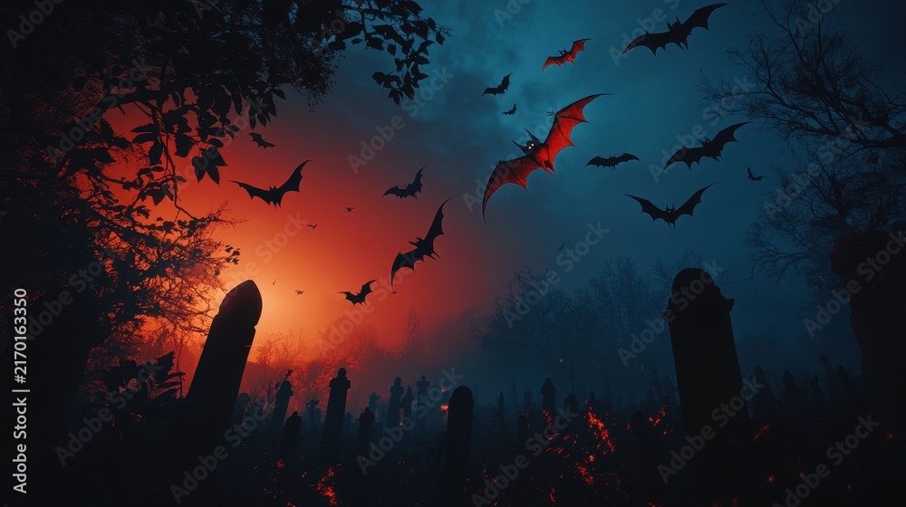 Obraz premium Dark and Spooky Bat Scene with Graveyard at Sunset
