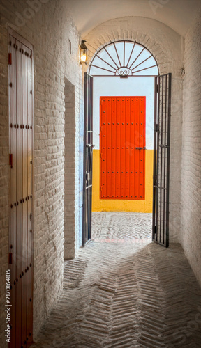 A narrow, white-walled corridor leads to an orange door that stands out with its bright hue. The iron gate framing the door adds an elegant touch.