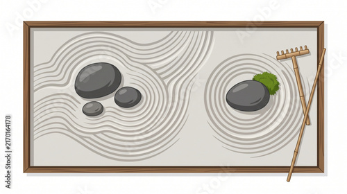 Top view of a minimalist Japanese Zen garden with stones and a bamboo rake
