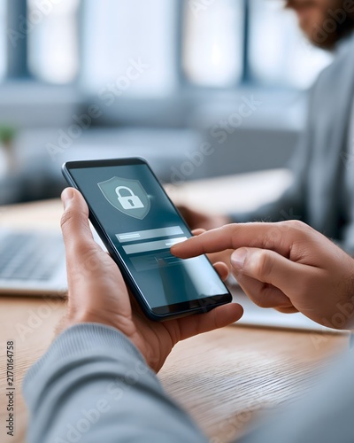 secure online payment concept, smartphone displaying protected transaction interface, subtle digital shield and encrypted data elements, modern fintech environment, realistic commercial photography,
