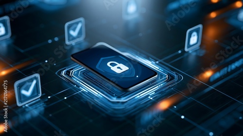 zero trust security concept, mobile device surrounded by secure access layers, digital verification icons and encrypted data streams, modern cyber technology environment, realistic visualization,