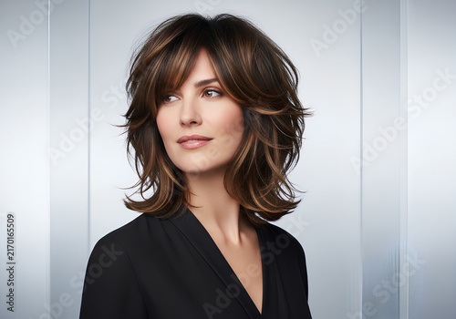 Elegant woman with trendy layered bob hairstyle and highlights