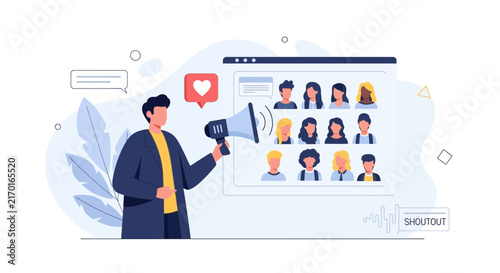 Influencer marketing concept, person with megaphone announcing to diverse online audience with social media icons, vector illustration