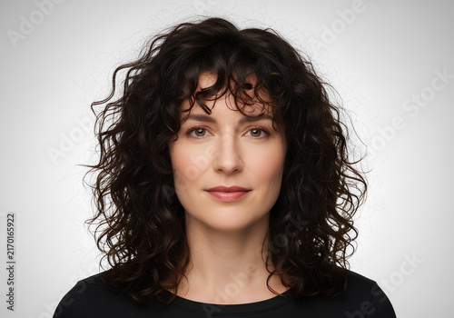 Beautiful woman with dark curly hair in a studio headshot