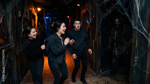 Terrified young man and laughing friends reacting to a scary monster in a spooky haunted house attraction