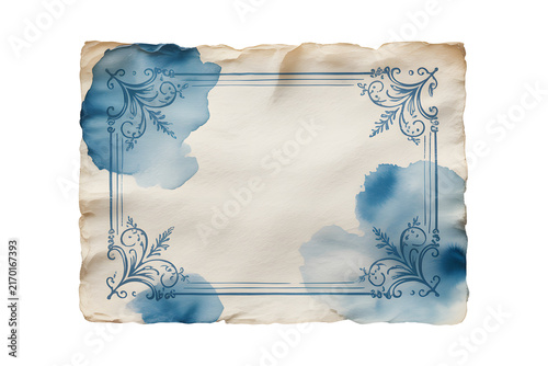 Old Retro Paper Card with Ornate Blue Frame on Transparent Background