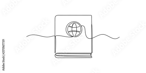 Foto Continuous one line drawing of a passport book with a globe icon symbol on the c