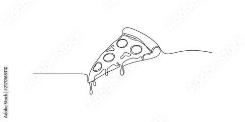 Continuous single line drawing of a delicious pizza slice with pepperoni and melted cheese