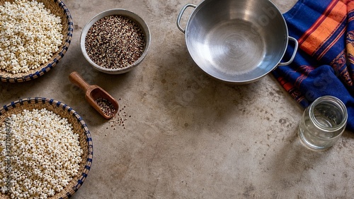 Close up overhead view of various grains and seeds on a rustic surface, perfect for cooking ingredients, natural textures, and healthy eating concepts, rustic autumn harvest feel
