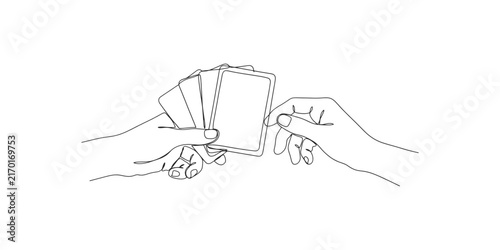 Continuous one line drawing of hands holding and picking a playing card