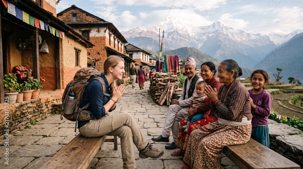 Obraz premium Traveler greets local family in Himalayan village with prayer hands gesture